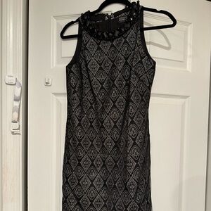 Adrianna Papell Black and Silver Sheath Cocktail Dress